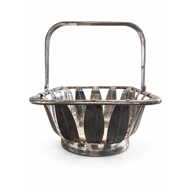 Mid 20th Century Modern Silver-Plated Openwork Leaf Motif Swing-Handle Basket For Sale - Image 4 of 4