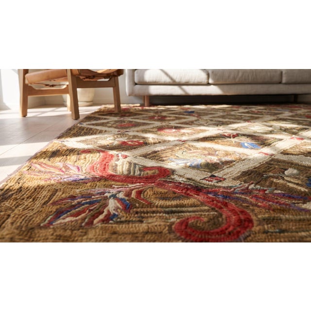 1870s Brown Diamond Folk Art Antique American Hooked Rug 5'0" X 7'3" Woven Wool Carpet For Sale - Image 11 of 12