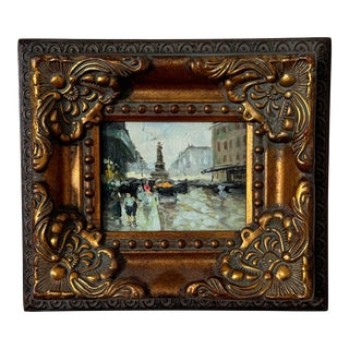 Vintage Petite Impressionist "European Cityscape" Giclee Print, Gold Gilded Frame For Sale