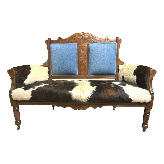 'Desperado Eastlake' 19th Century Settee Reupholstered in Cowhide and Denim 52" X 22" X 41" For Sale