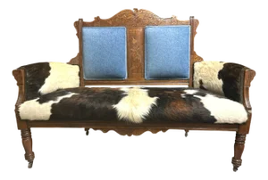 'Desperado Eastlake' 19th Century Settee Reupholstered in Cowhide and Denim 52" X 22" X 41"