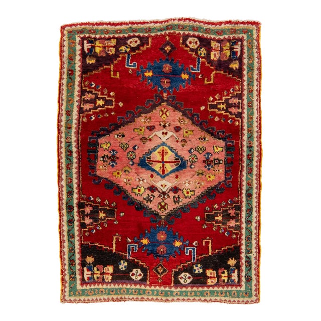 Vintage Hamadan Designed Wool Rug in Red - 3′4″ × 5′ For Sale