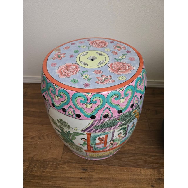 Chinese Vintage Chinese Hand-Painted Porcelain Garden Stool / Drum Stool With Floral & Figural Motif For Sale - Image 3 of 9
