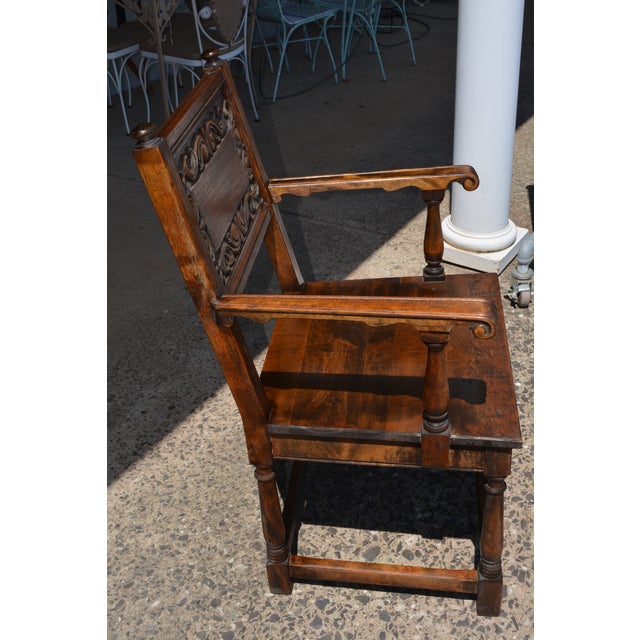 Gothic Antique Elgin a Simonds Dark Oak Wood Wainscot Side / Dining Chair W/ Arms & Carved Back For Sale - Image 3 of 18