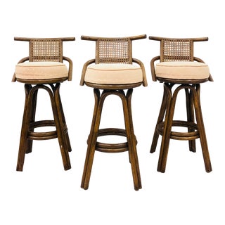 Set Vintage Rattan & Cane Swivel Bar Stools For Sale