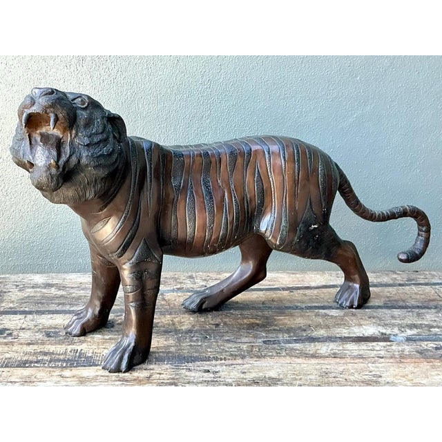 Late 20th Century Vintage Bronze Tiger Sculptures - A Pair For Sale - Image 5 of 12