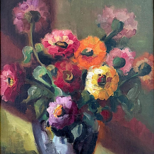 Mid-Century Modern Vintage Floral Still Life Painting Oil on Canvas - Signed For Sale - Image 3 of 11