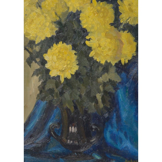 American Yellow Mums With Blue Drape - Mid Century Floral Still Life by Antoni For Sale - Image 3 of 9
