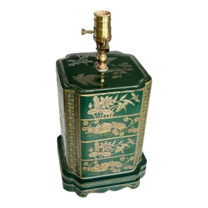 Vintage Chinoiserie Tea Canister Table Lamp in Green Lacquer & Brass – Hollywood Regency