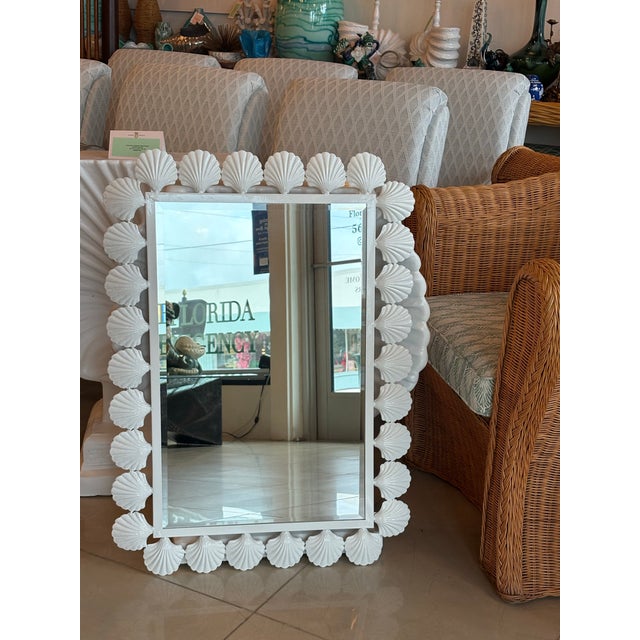 White Vtg. Palm Beach Metal Seashell Scalloped Wall Mirror Newly Powder-Coated White For Sale - Image 8 of 9