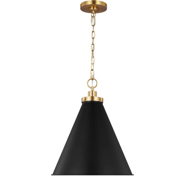 Chapman & Myers by Visual Comfort Studio Wellfleet Medium Cone Pendant, Midnight Black & Burnished Brass For Sale