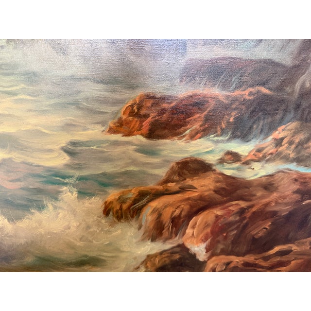 Large Vintage Coastal Seascape Oil Painting Signed Pierro Ocean Waves Framed For Sale - Image 12 of 12
