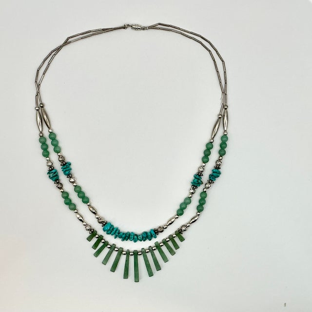 1970s Vintage Southwestern Mexican Boho Chic Double Strand Sterling, Turquoise & Jade Necklace For Sale - Image 15 of 18