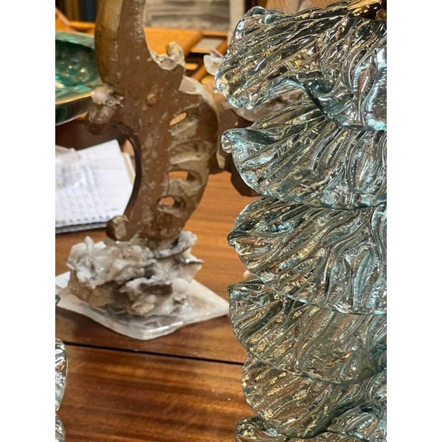 Metal Pair of Murano Fontana Green Murano Glass Ruffle Lamps For Sale - Image 7 of 8