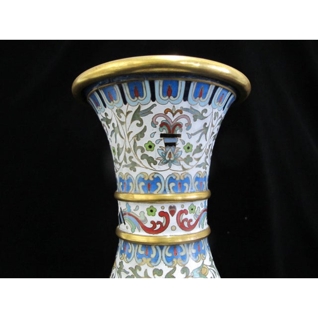 Chinese Large Chinese White Enamel Cloisonne Colorful Flower Vase Pair For Sale - Image 3 of 14