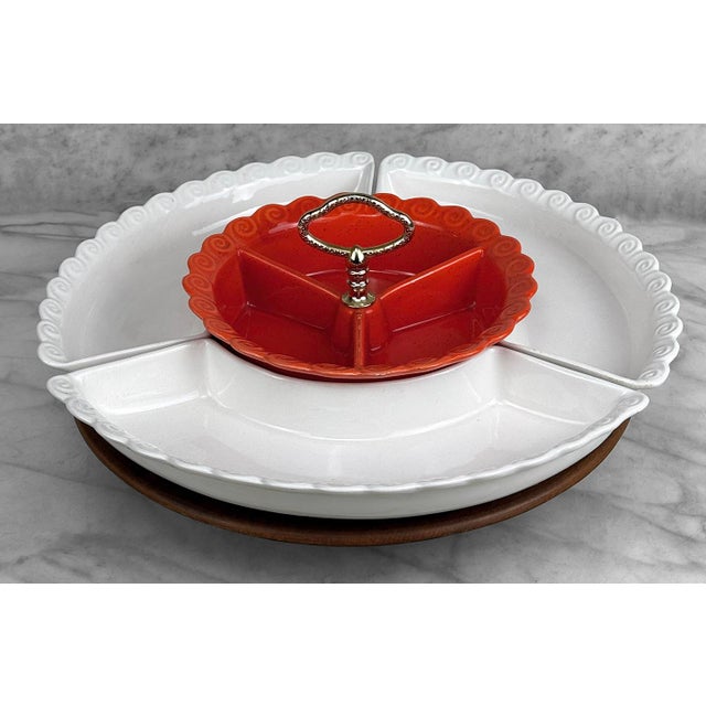 Mid-Century Modern Mid-Century California Pottery Orange & White Lazy Susan Chip & Dip Centerpiece For Sale - Image 3 of 11