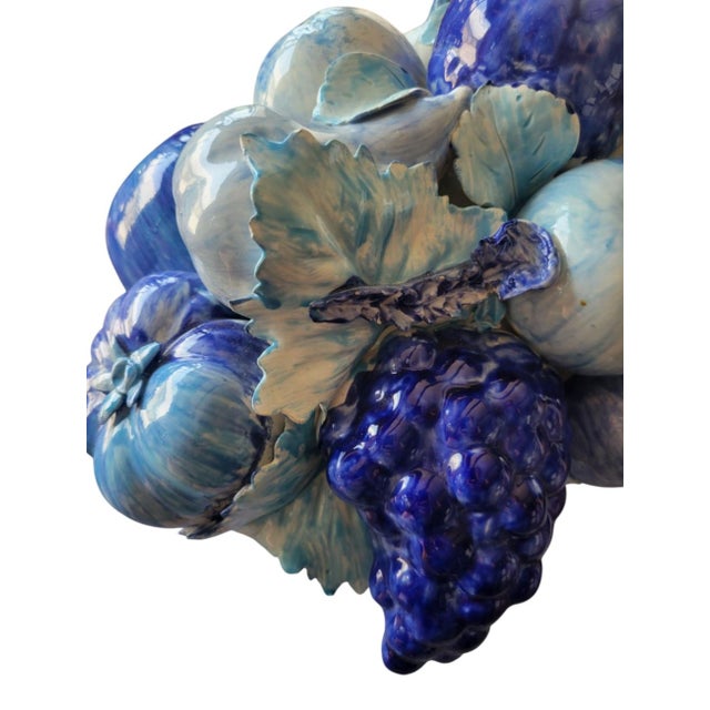 1990s Vintage Italian Majolica Style Blue and White Ceramic Fruit Bowl Room Decor Basket For Sale - Image 5 of 7