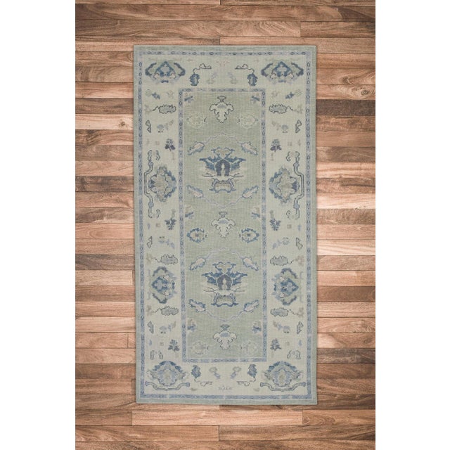 Early 21st Century Green & Blue Handwoven Turkish Oushak Runner 3'8" X 7'8" For Sale In Houston - Image 6 of 6