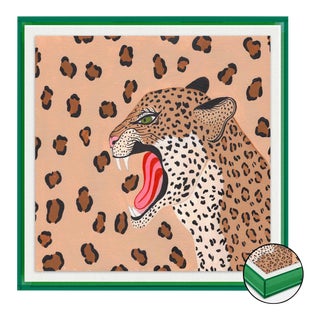 Vanessa the Leopard by Willa Heart in Dark Green Transparent Acrylic Shadow Box, Small Art Print For Sale