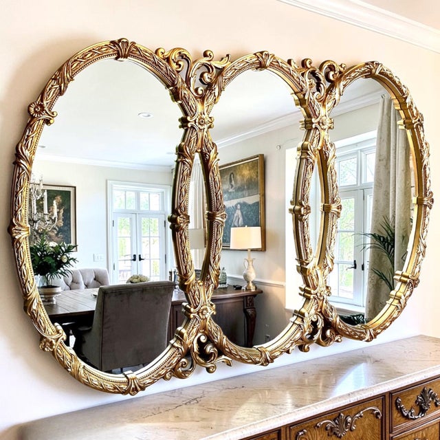Hollywood Regency Rare Vintage Triple Oval Mirror 66”w | Statement Mirror For Sale - Image 3 of 9