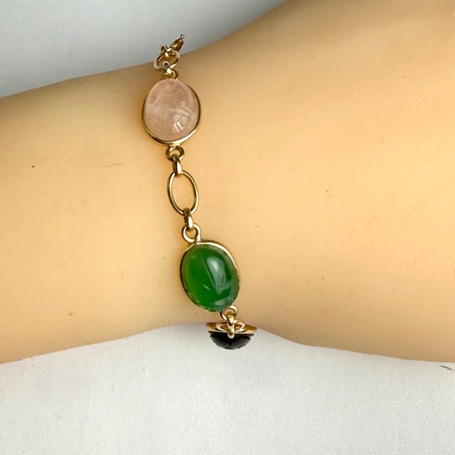 Metal Vintage 14k Yellow Gold Scarab Gemstone Bracelet Carved Semi-Precious Scarabs For Sale - Image 7 of 9