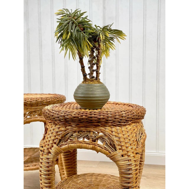 Vintage Coastal Boho Natural Wicker Round Plant Stand End Tables - a Pair For Sale - Image 4 of 10