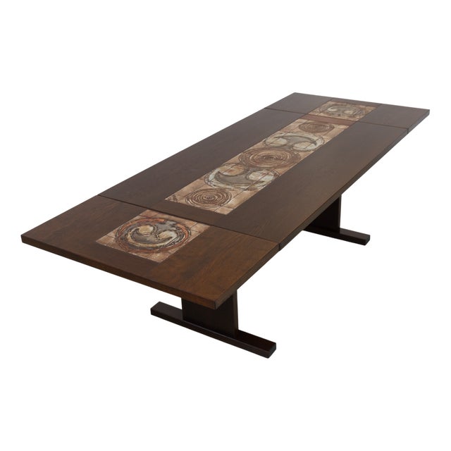 Danish Brutalist Oak Drop Leaf Dining Table with Ox Art Tiles by Gangso, 1970s For Sale