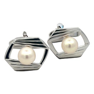Mikimoto Estate Akoya Pearl Cufflinks Silver 7.5 mm, 2 pieces For Sale
