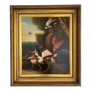 A Signed Vintage Rooster With Birds Oil Painting With Frame For Sale