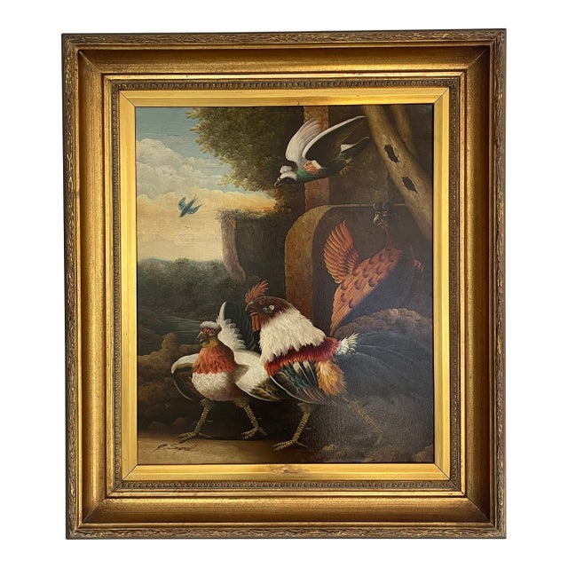 A Signed Vintage Rooster With Birds Oil Painting With Frame For Sale