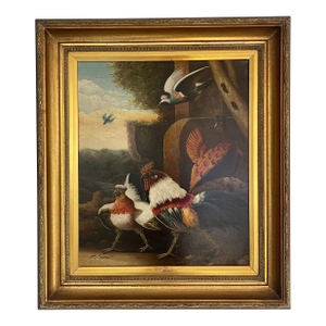 A Signed Vintage Rooster With Birds Oil Painting With Frame