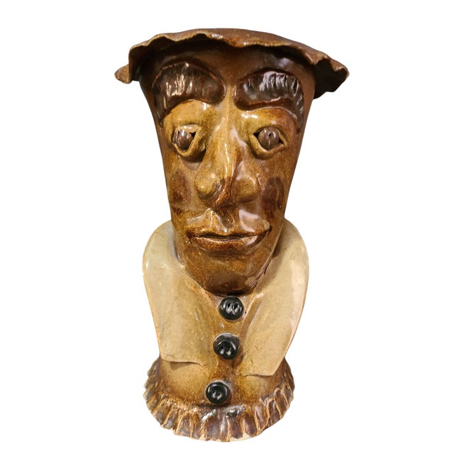 Vintage Mud Glazed Pottery Folk Art Hand Molded Figural Face Vase For Sale - Image 10 of 10