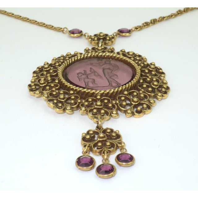 Metal Goldette Amethyst Glass Intaglio Pendant Necklace, 1960's For Sale - Image 7 of 12