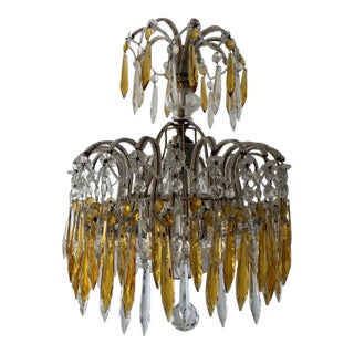 Italian Micro-Beaded Tiered Yellow Crystal Prisms Chandelier C 1920 Amber For Sale