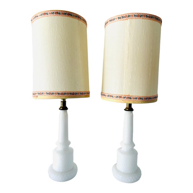 Vintage Midcentury White Hobnail Milk Glass Table Lamps - a Pair For Sale
