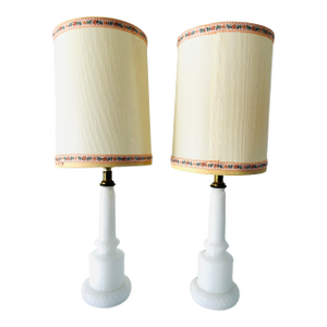 Vintage Midcentury White Hobnail Milk Glass Table Lamps - a Pair