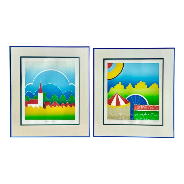 Vintage Thom De Jong Postmodern Pop Art Aquatint Prints Country Fair & Danish Village, Signed, Pair For Sale