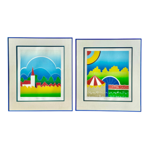 Vintage Thom De Jong Postmodern Pop Art Aquatint Prints Country Fair & Danish Village, Signed, Pair