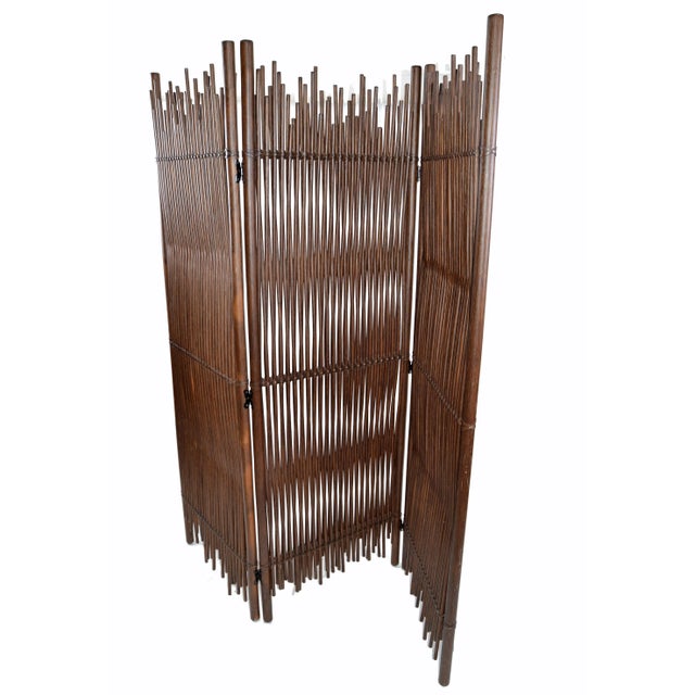 Mid-Century Modern tall three double wall-panel solid Bamboo wood room divider in dark brown finish, comes from Italy....