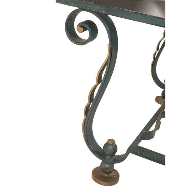 1940's French Coffee Table -Green Patinated Iron & Gilt W/ Smoke Glass Top For Sale - Image 9 of 11