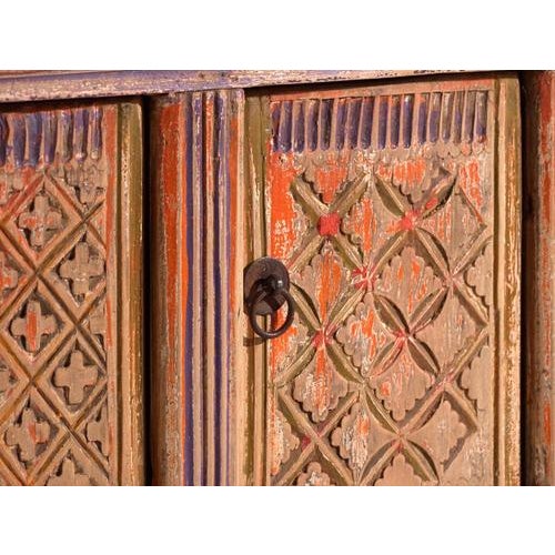 Early 20th Century Low Antique Polychrome Carved Fir Cabinet, Xinjiang, China, 1900 For Sale - Image 5 of 14