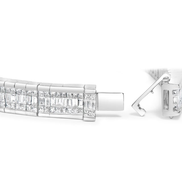 Embodying a symphony of precision and splendor, this 14K white gold tennis bracelet, rhodium-plated to enhance its radiant...