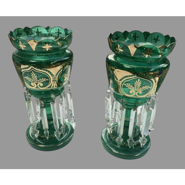 Pair Antique Victorian 14" Emerald Green & Gilt Art Glass Mantle Lusters With Prisms For Sale - Image 4 of 12