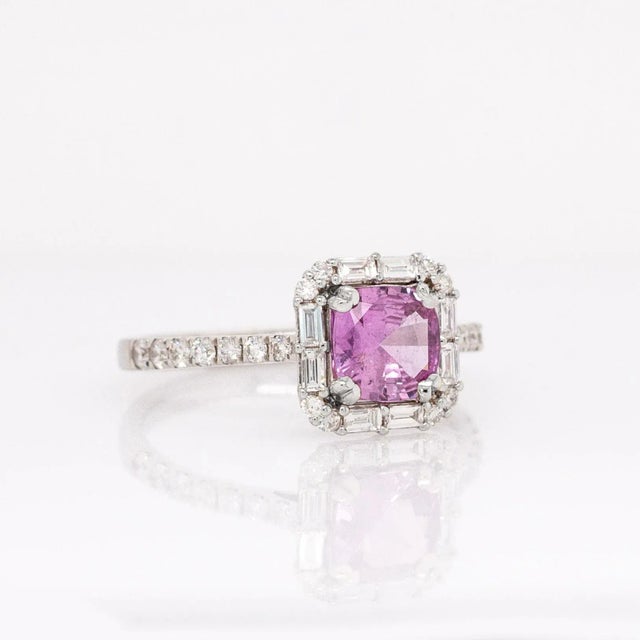 1ct Pink Sapphire Ring With Natural Diamond Halo: Solid 14k White Gold | 6mm For Sale - Image 4 of 7