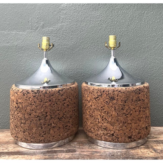Vintage 70s Chrome and Cork Lamps - A Pair For Sale - Image 9 of 12