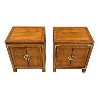 Vintage Thomasville Burl Wood Asian Modern Nightstands With Brass Hardware - Pair For Sale