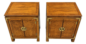 Vintage Thomasville Burl Wood Asian Modern Nightstands With Brass Hardware - Pair