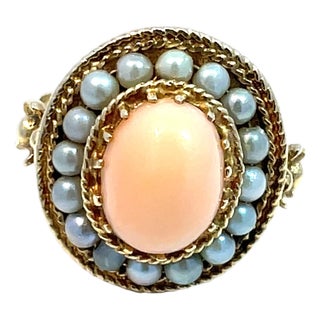 Mid 20th Century 14k Yellow Gold Halo Ring With Coral Center & Pearl Accents, Size 4 For Sale