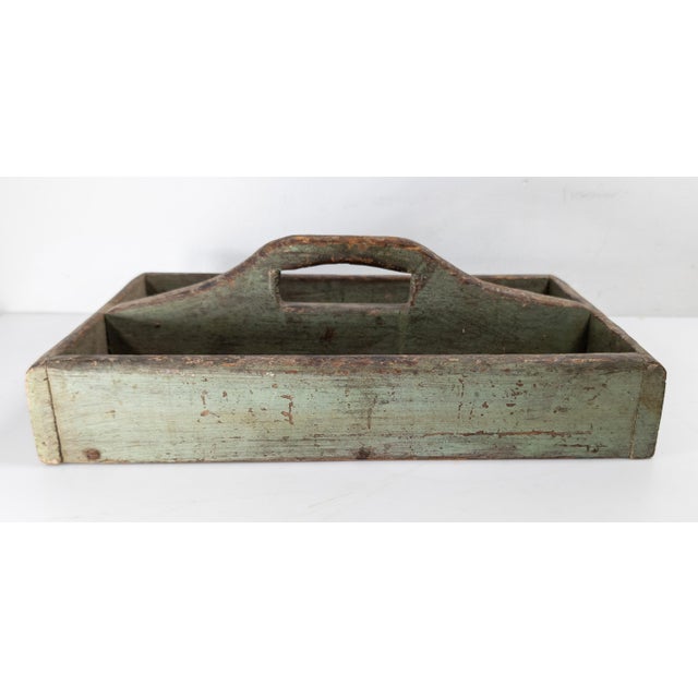 19th Century Primitive Rustic Tool or Tote Tray in Verdigris Green Paint For Sale - Image 4 of 9