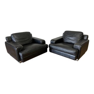 Roche Bobois Black Pebble Post Modern Leather Club Chairs For Sale